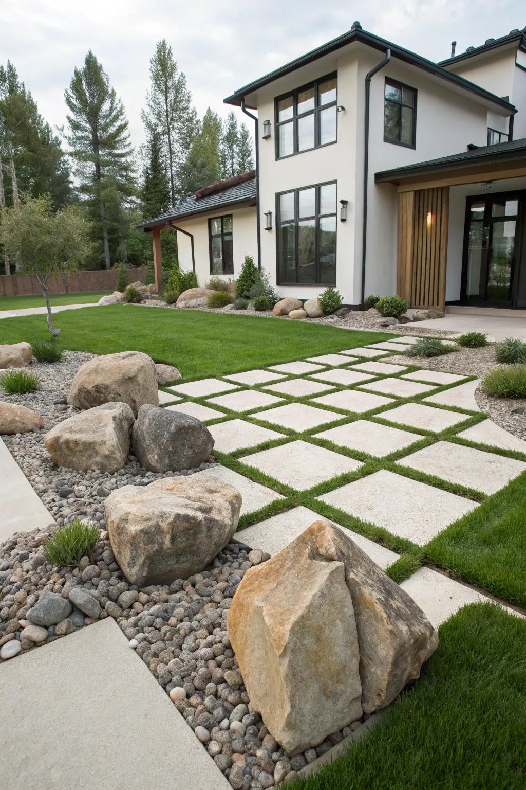 Achieve a modern look with geometric arrangements of large rocks.