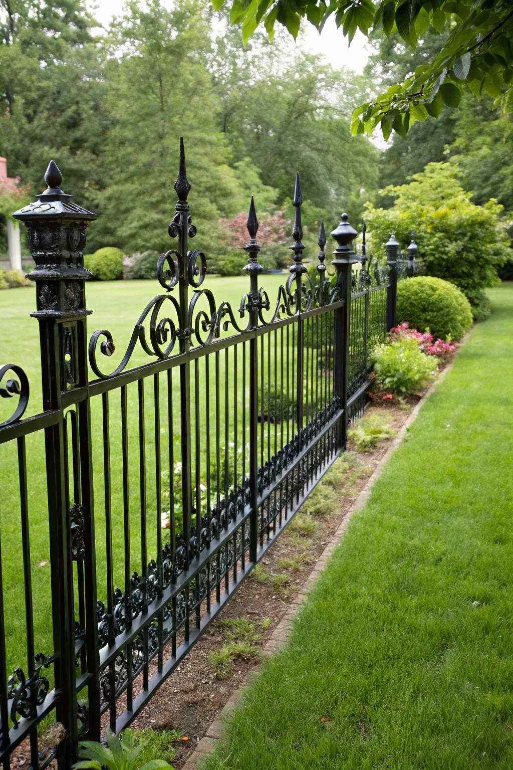 A bold dark forged metal barrier providing a striking contrast in a lush yard.