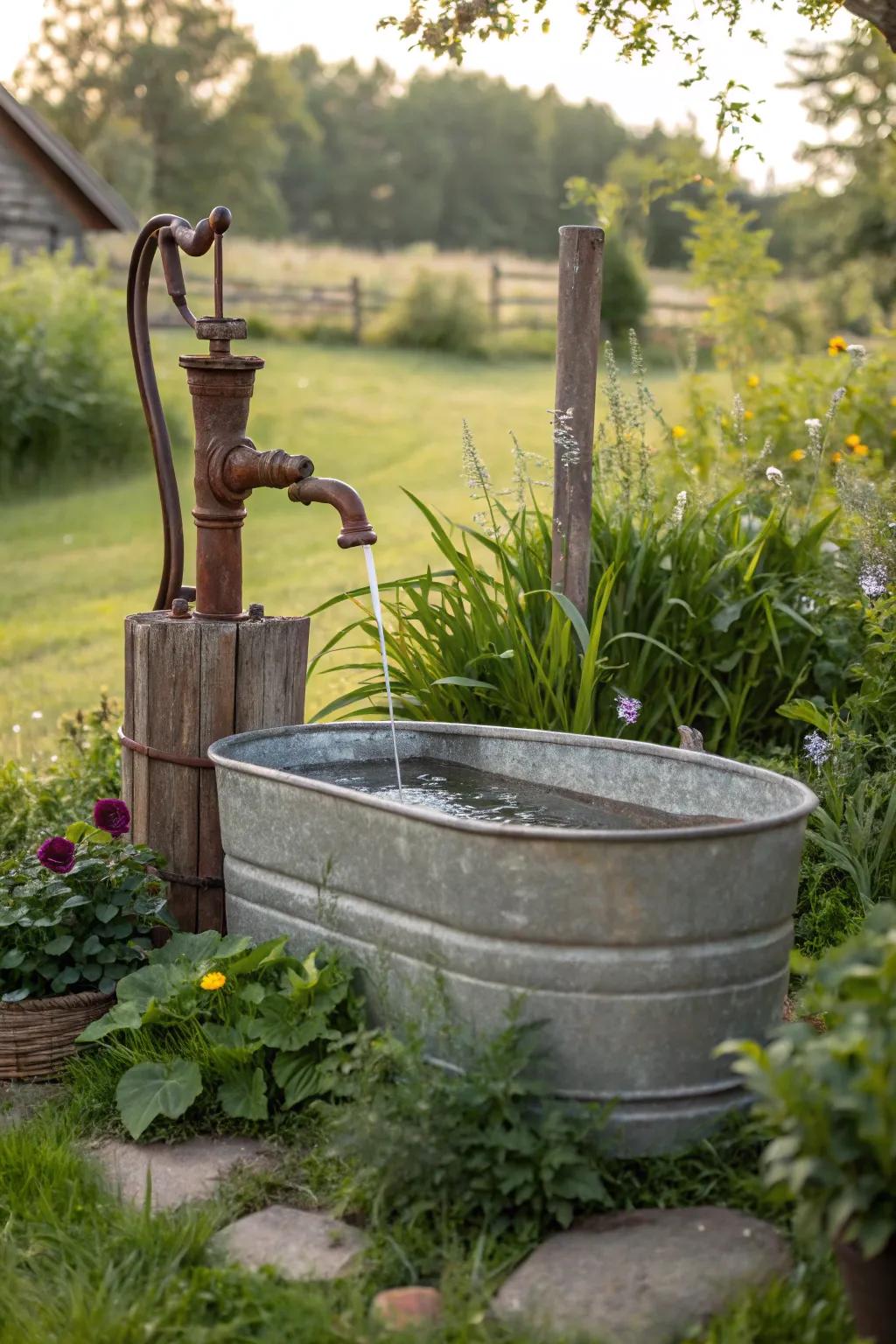 An antique levered pumper bestows nostalgic charm upon a trough fountain.