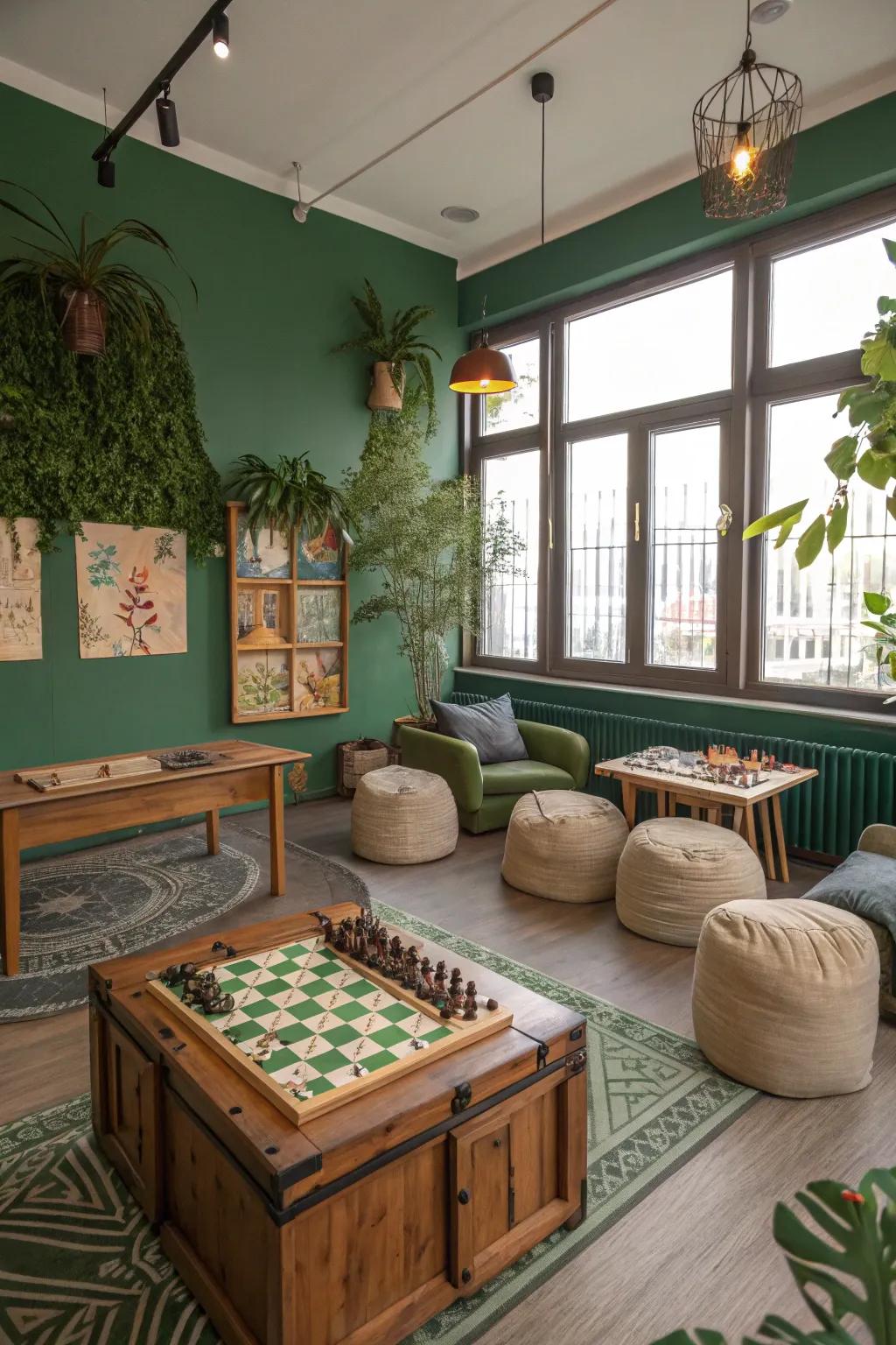 Green walls offer a refreshing vibe and a sense of tranquility in your game room.