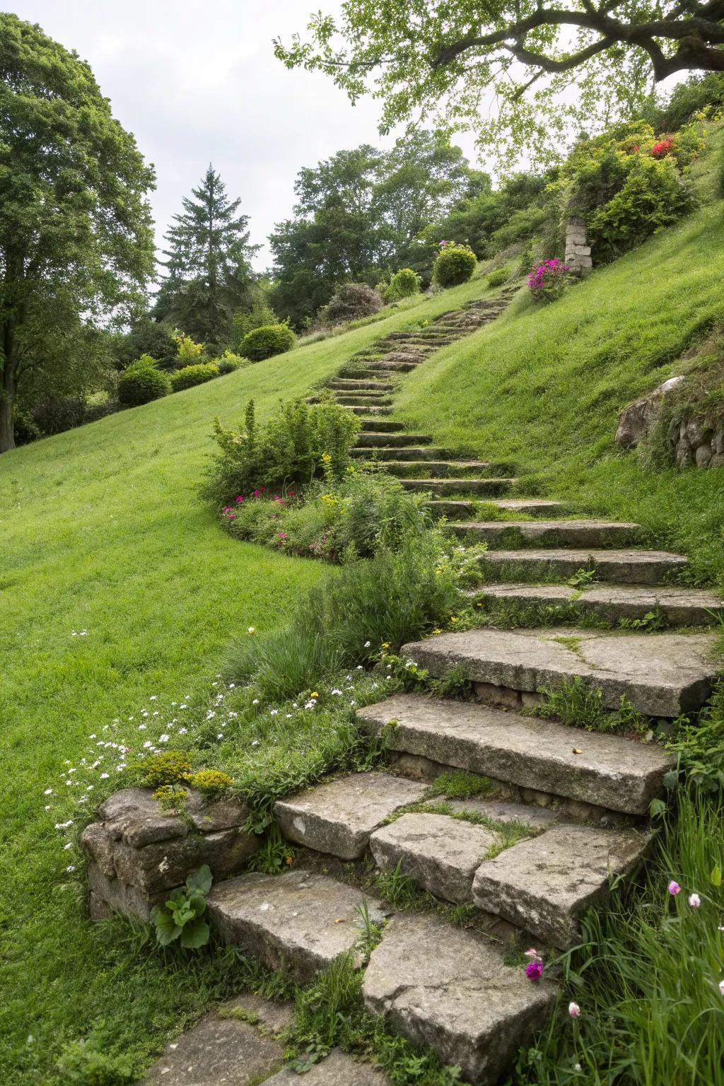 Stone ascensions furnishing a captivating access juncture in the garden.