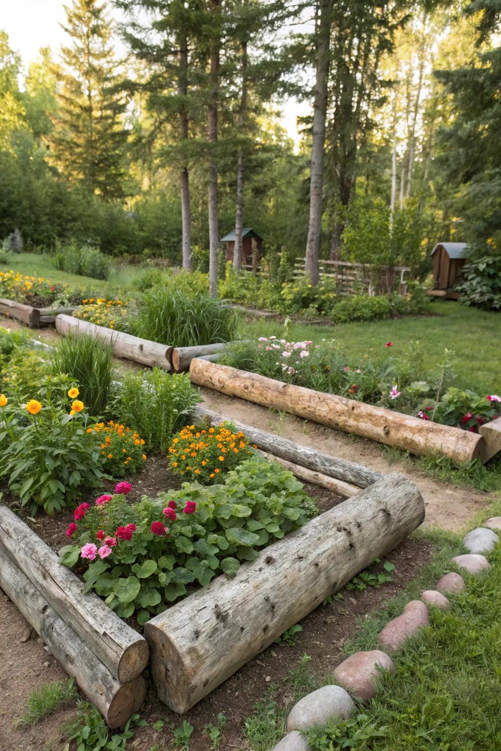Logs shape rustic borders that harmonize beautifully with nature.