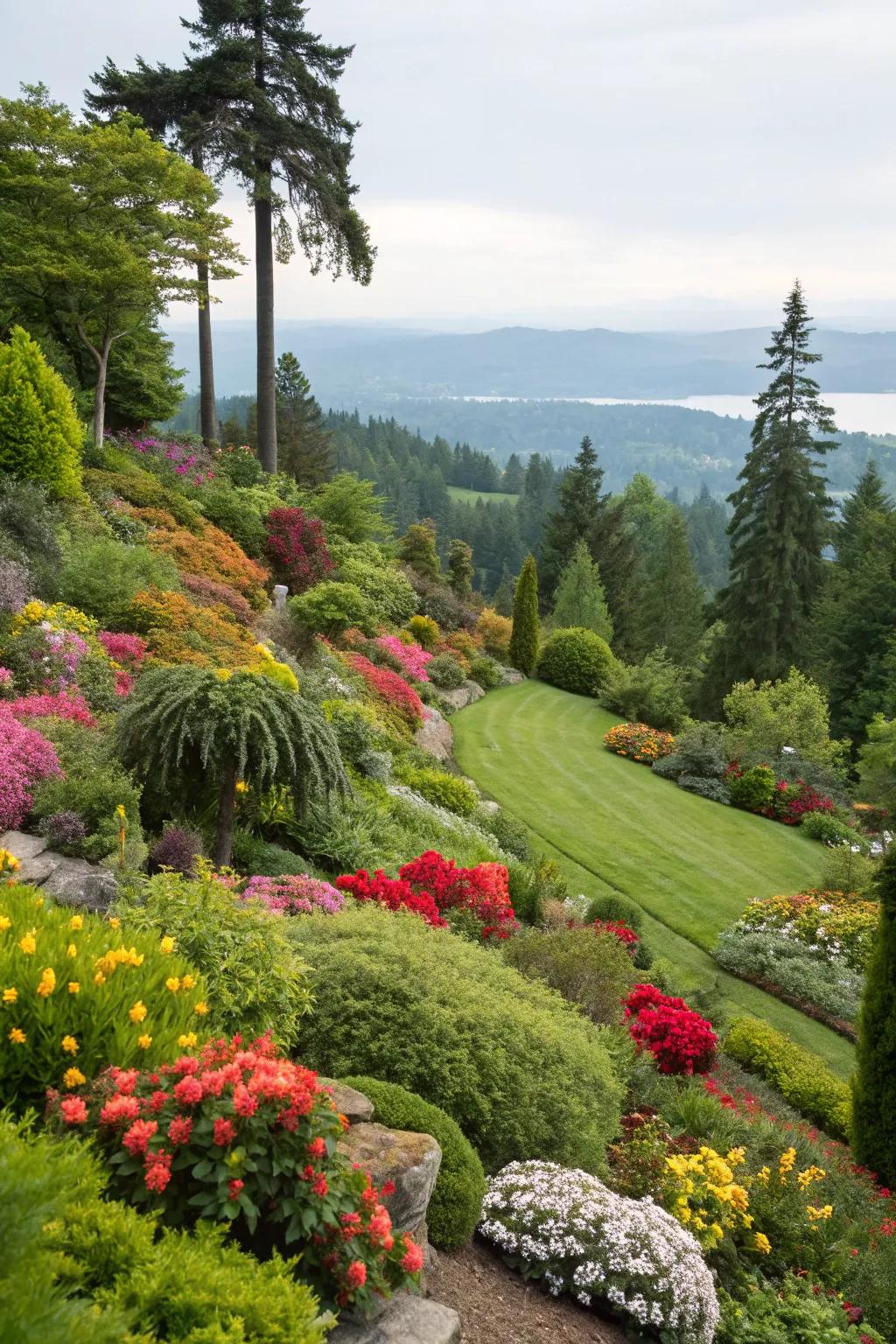 Diverse vegetation brings life and color to a hillside garden.
