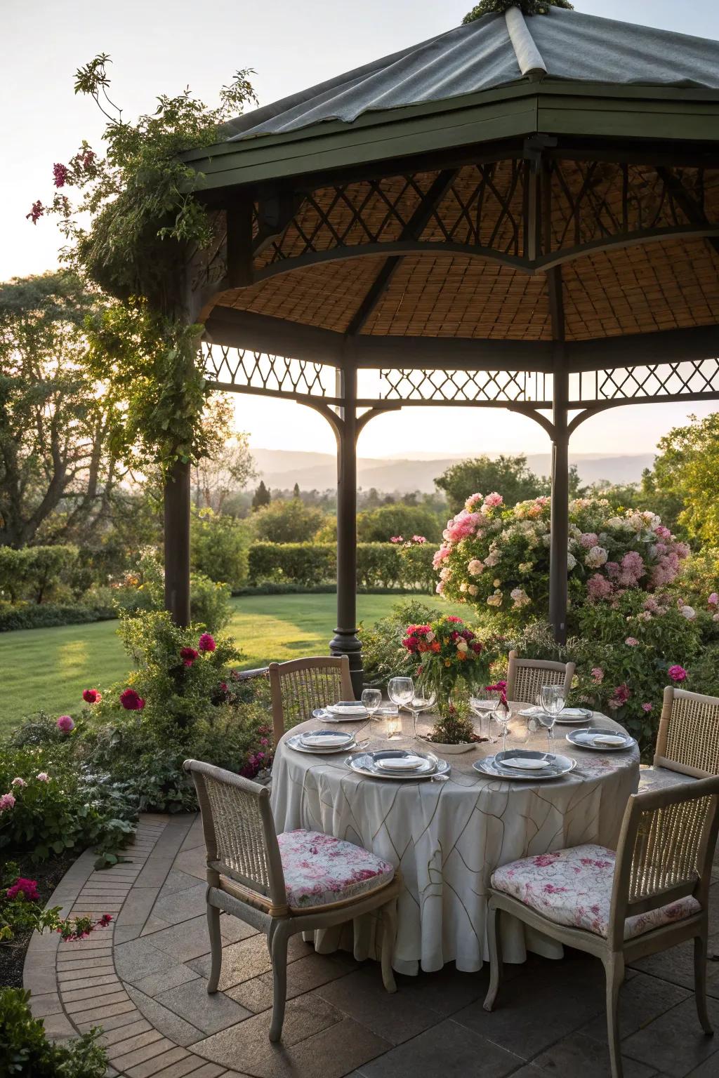 An alfresco dining setup inside this elegant gazebo.