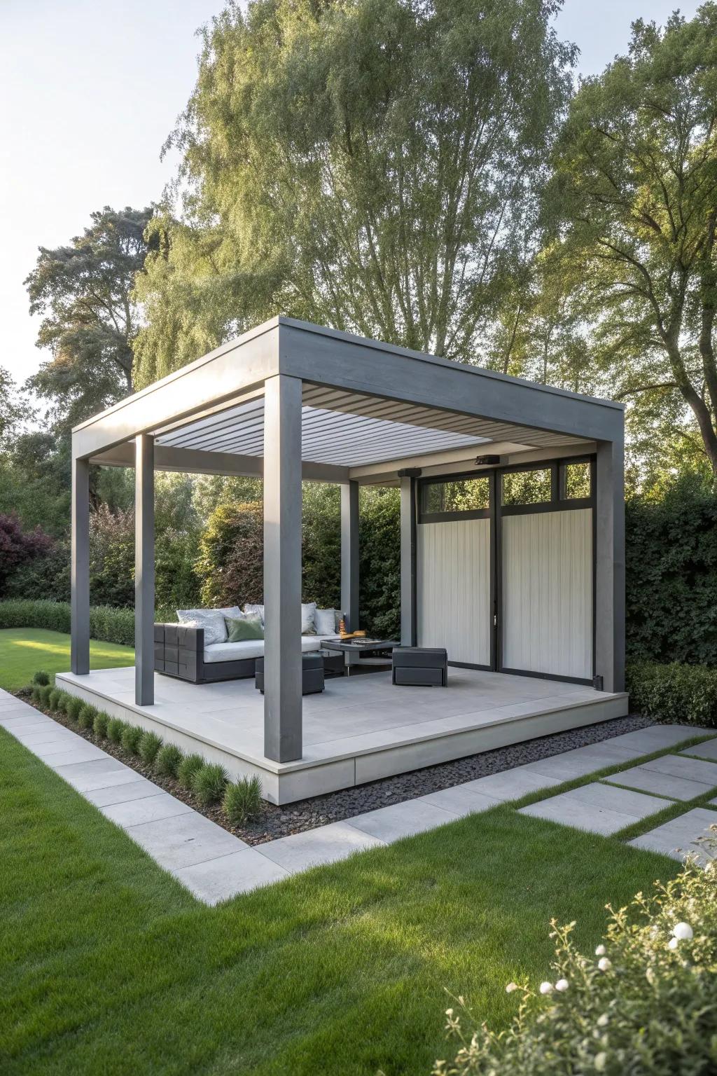 Embrace simplicity and elegance with this modern minimalist gazebo, your perfect garden retreat.
