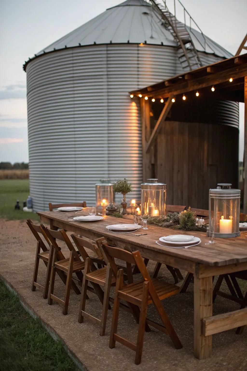 Experience the charm of dining under the stars with this rustic yet sophisticated grain bin gazebo setup.