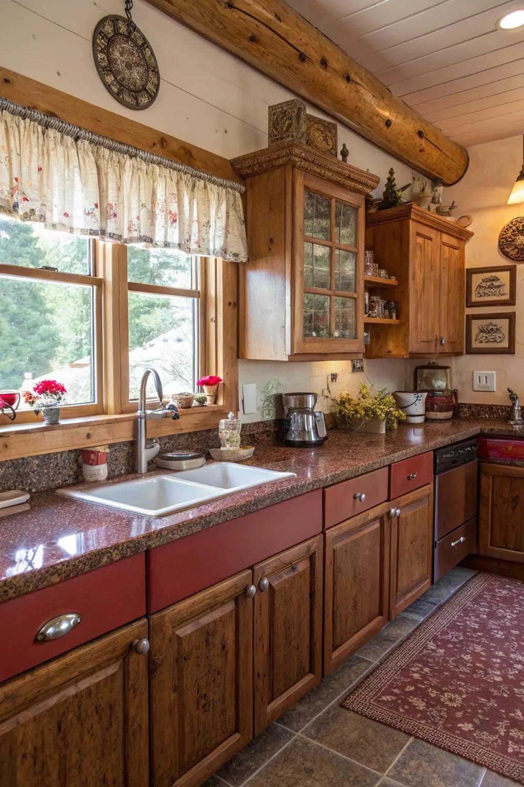 Ruby granite worktops contribute warmth and provincial elegance.