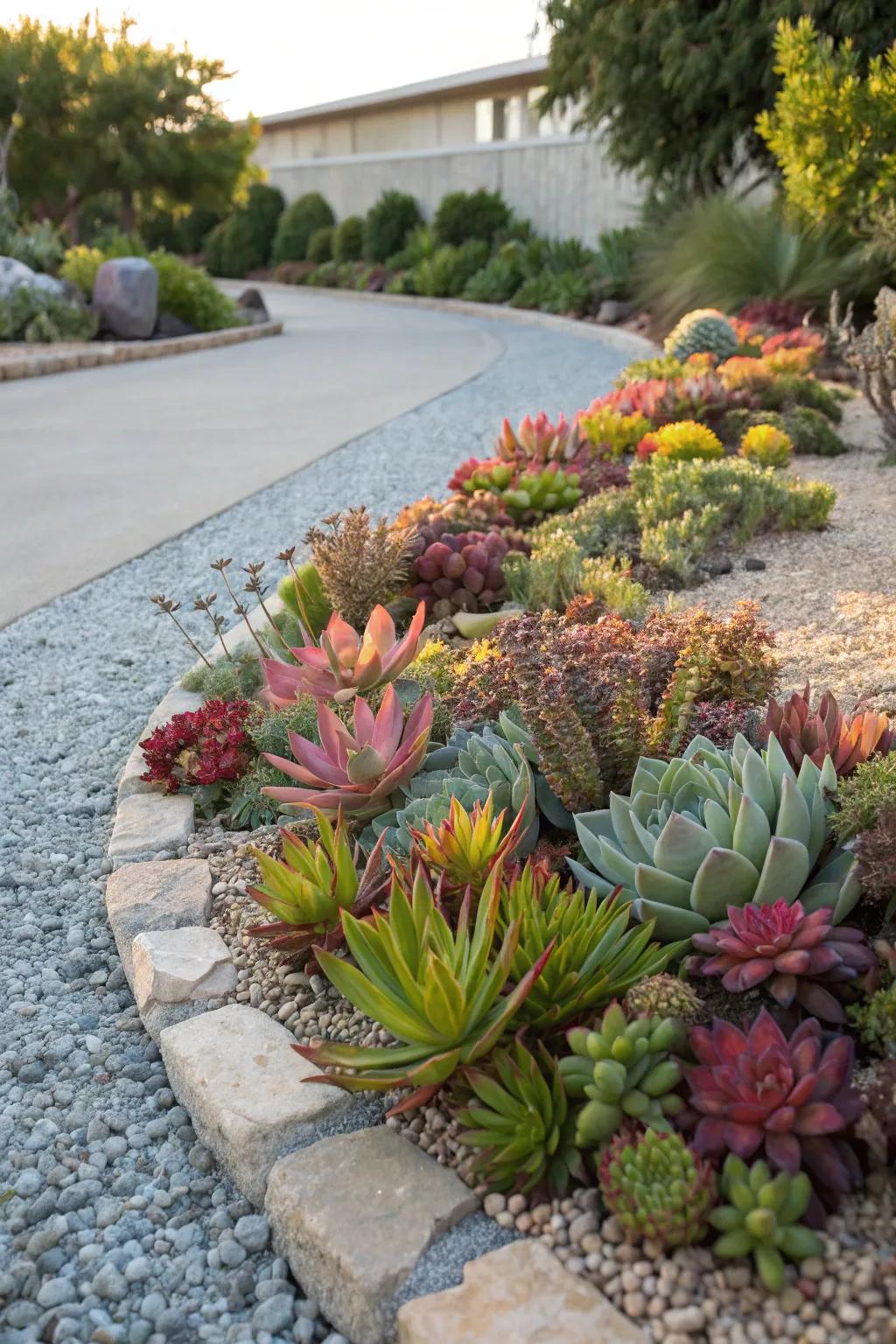 A thriving succulent sanctuary in a gravel flower bed