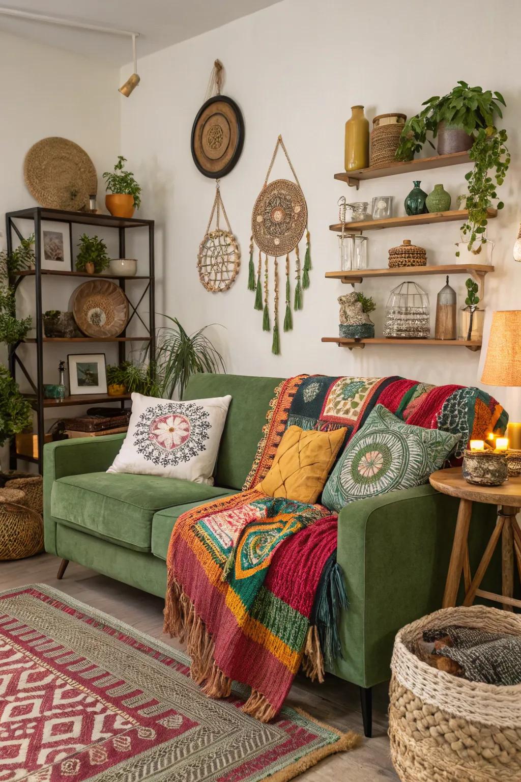 Free-spirited touches bring a relaxed and artistic atmosphere to a living room.