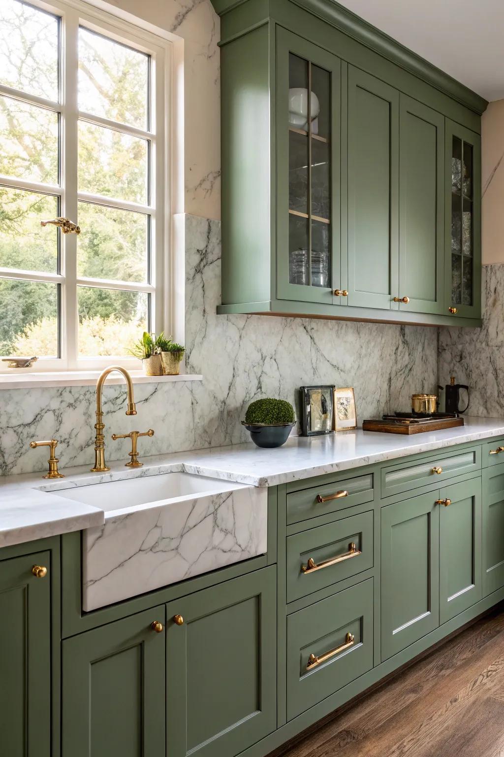 Bronze hardware adds elegance to green kitchen cabinets.