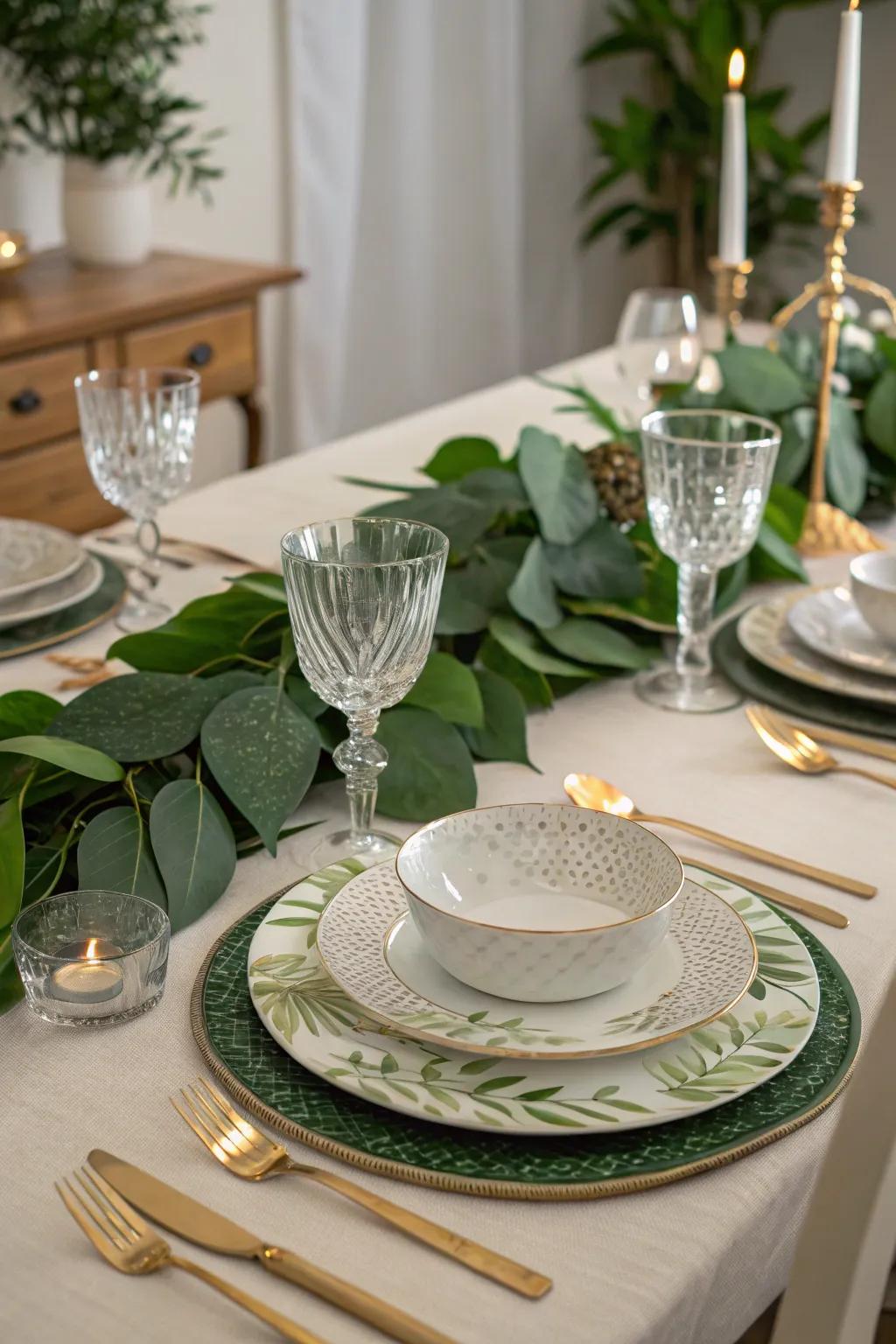 A foliage table embellishment channels nature toward your eating experience.