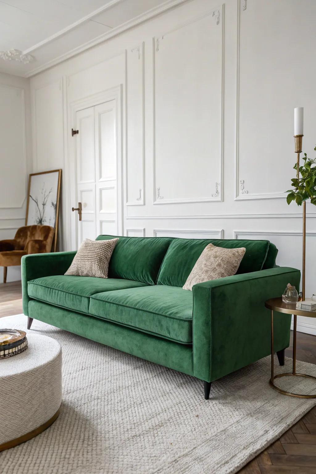 A minimalist living space with the emerald plush sofa functioning as the focal element.