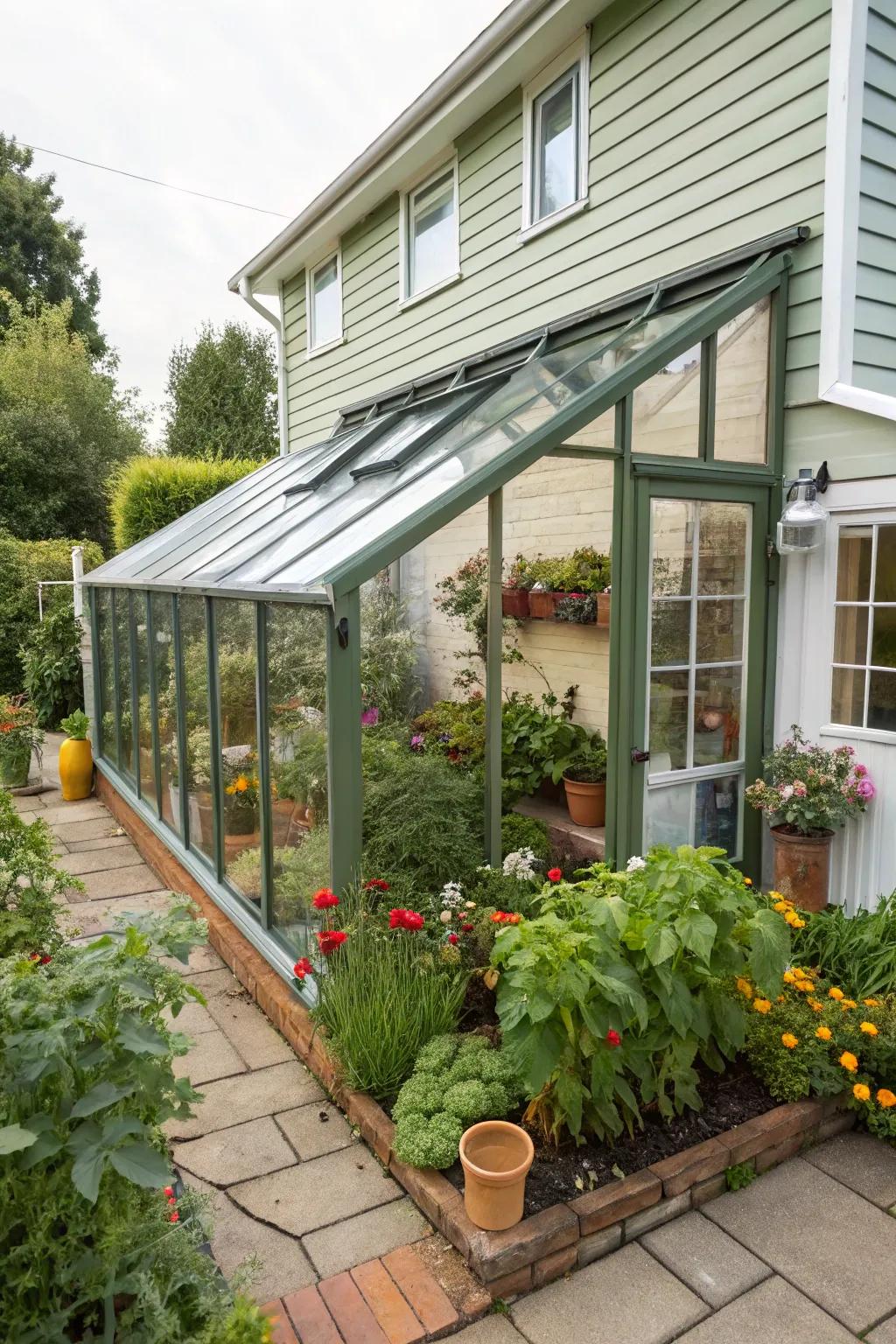 An area-saving supporting greenhouse attached to a dwelling.
