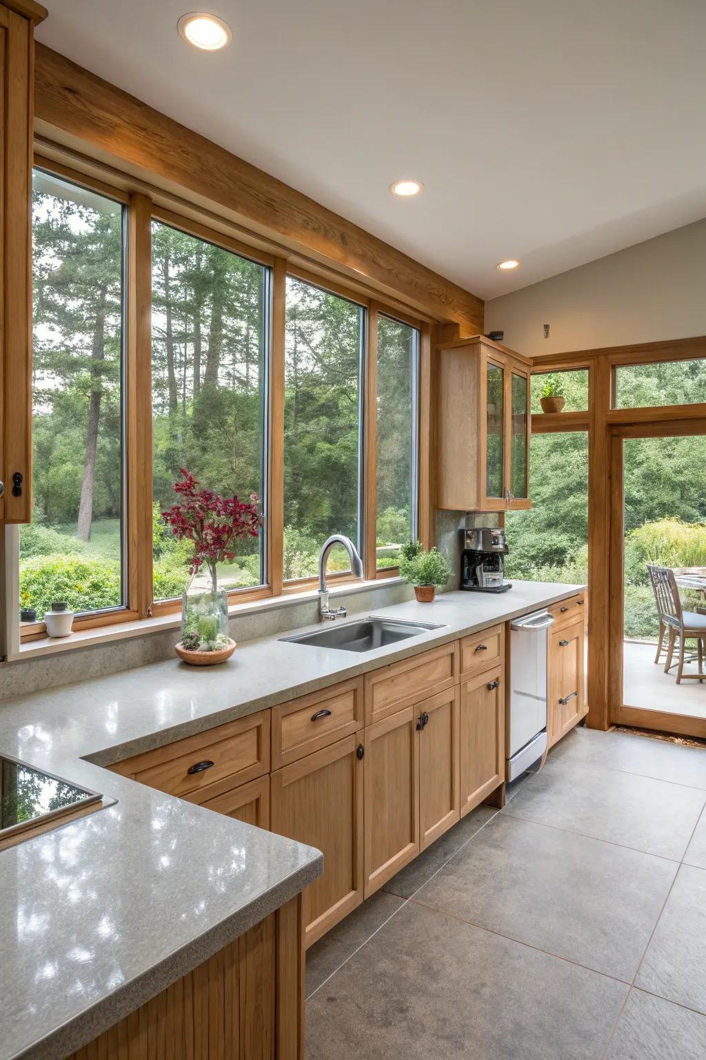 A bright kitchen featuring ash grey worktops.