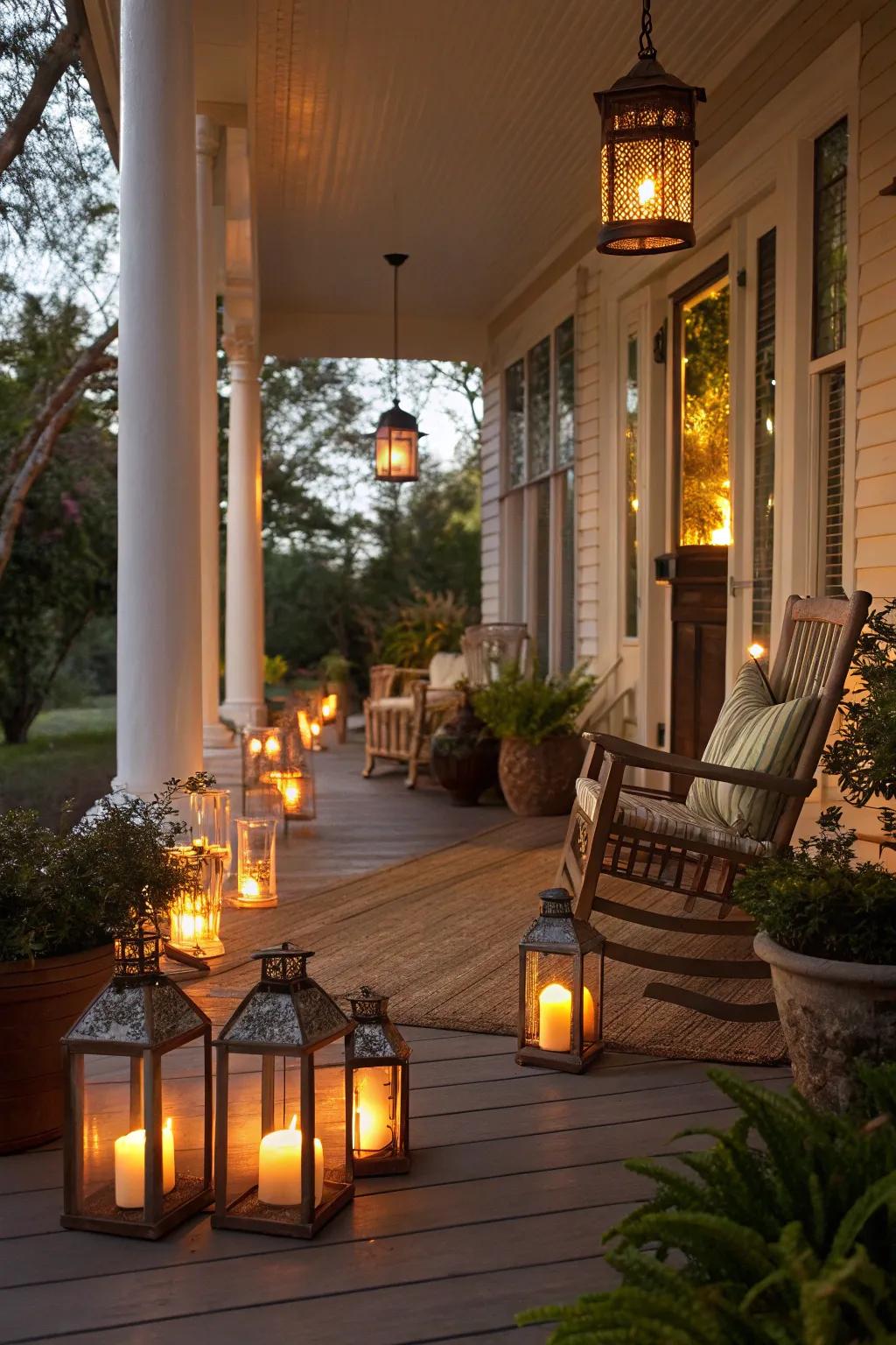 Charming lights radiate a cozy luminescence on this Halloween porch.
