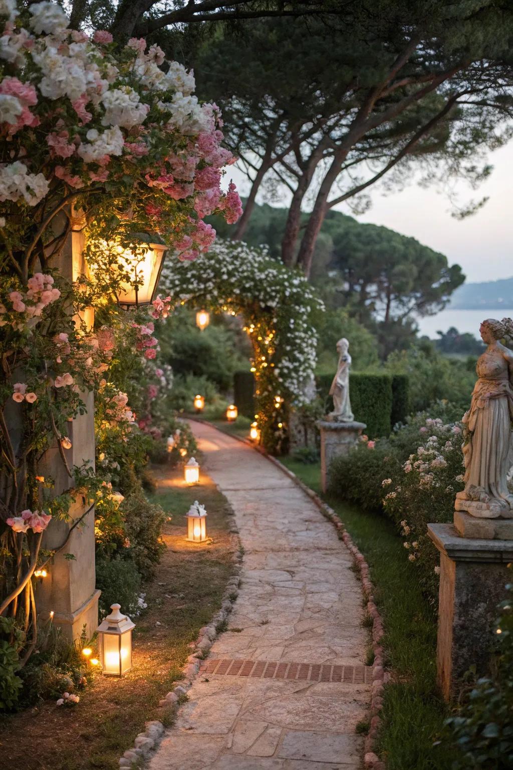 Outside illumination accentuates the garden’s allure after sunset.