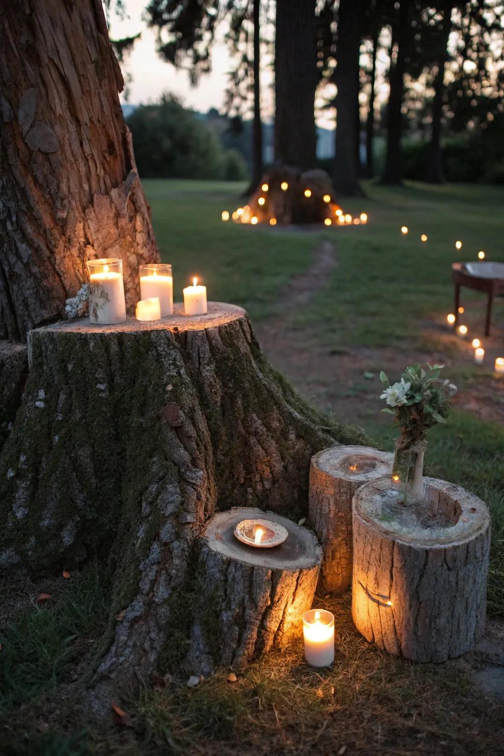 A tree stump becomes a stylish candle holder for cozy evenings.