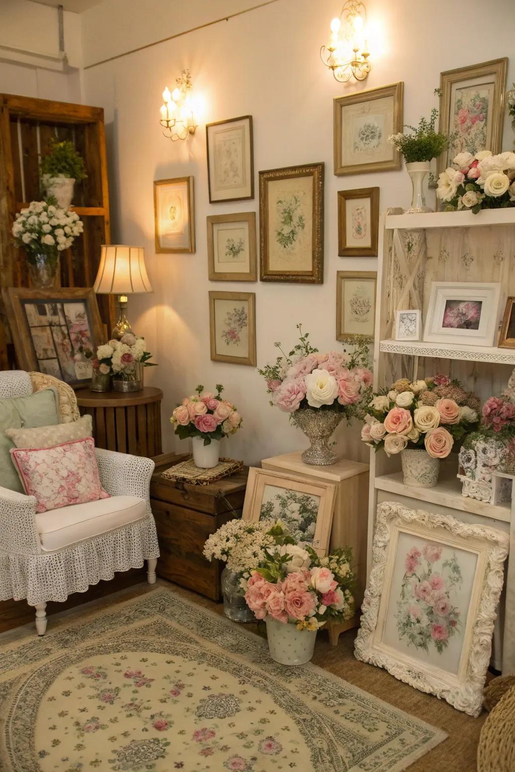 Antique frames and pastel flowers create a vintage elegance.