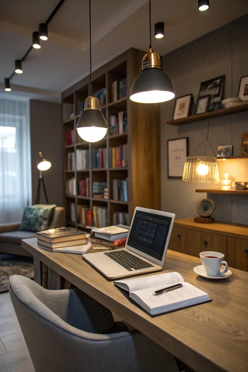 Combining lighting looks provides flexibility and depth to your home office ambiance.