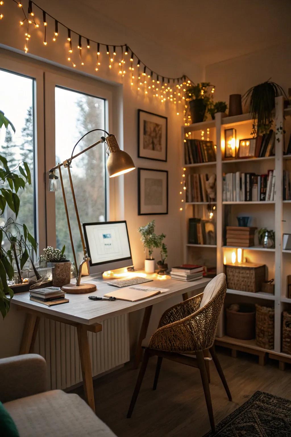 Warm lighting creates a cozy and inviting workspace.