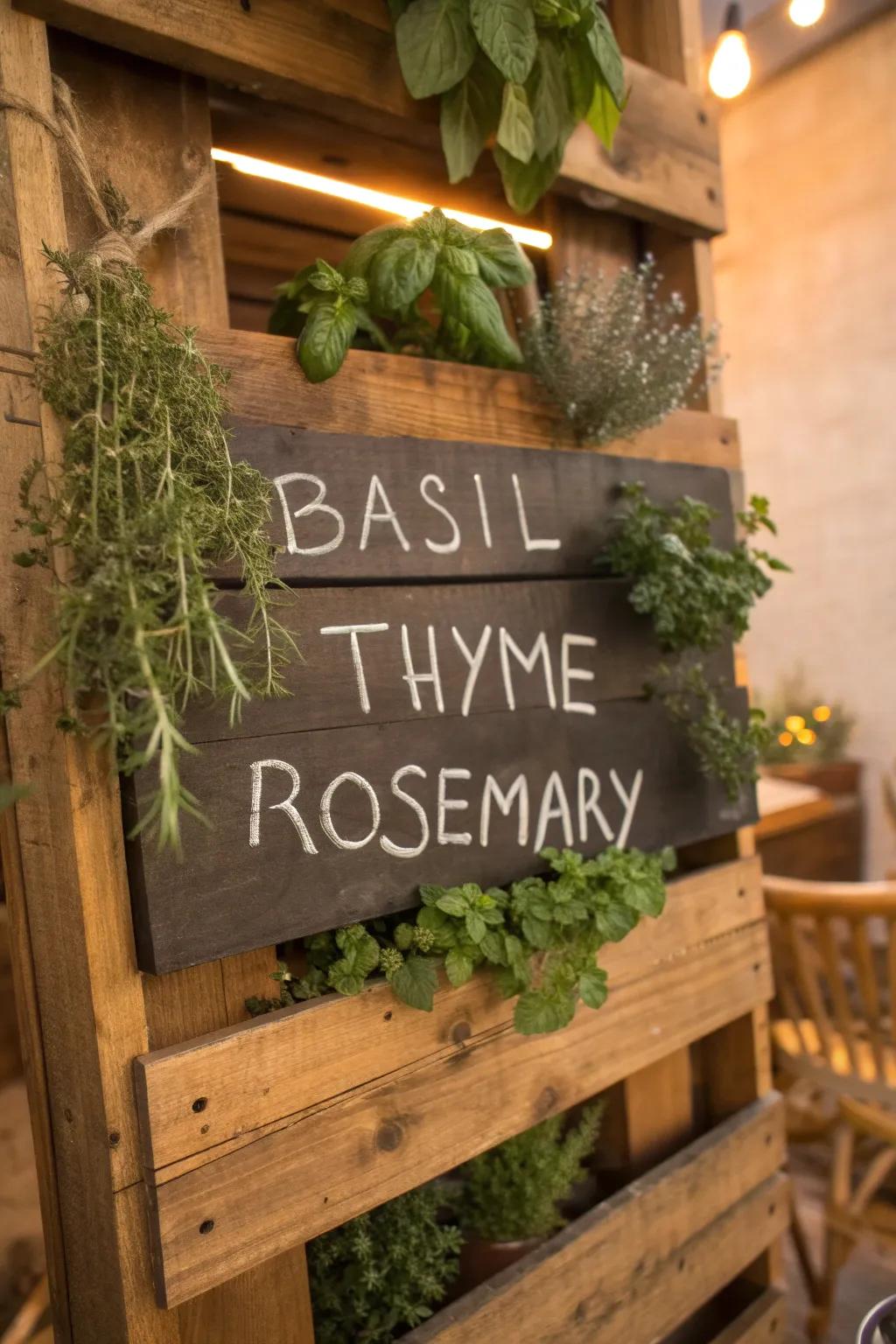 Transform your pallet garden with a touch of chalkboard charm—perfect for personalizing your herb labels!