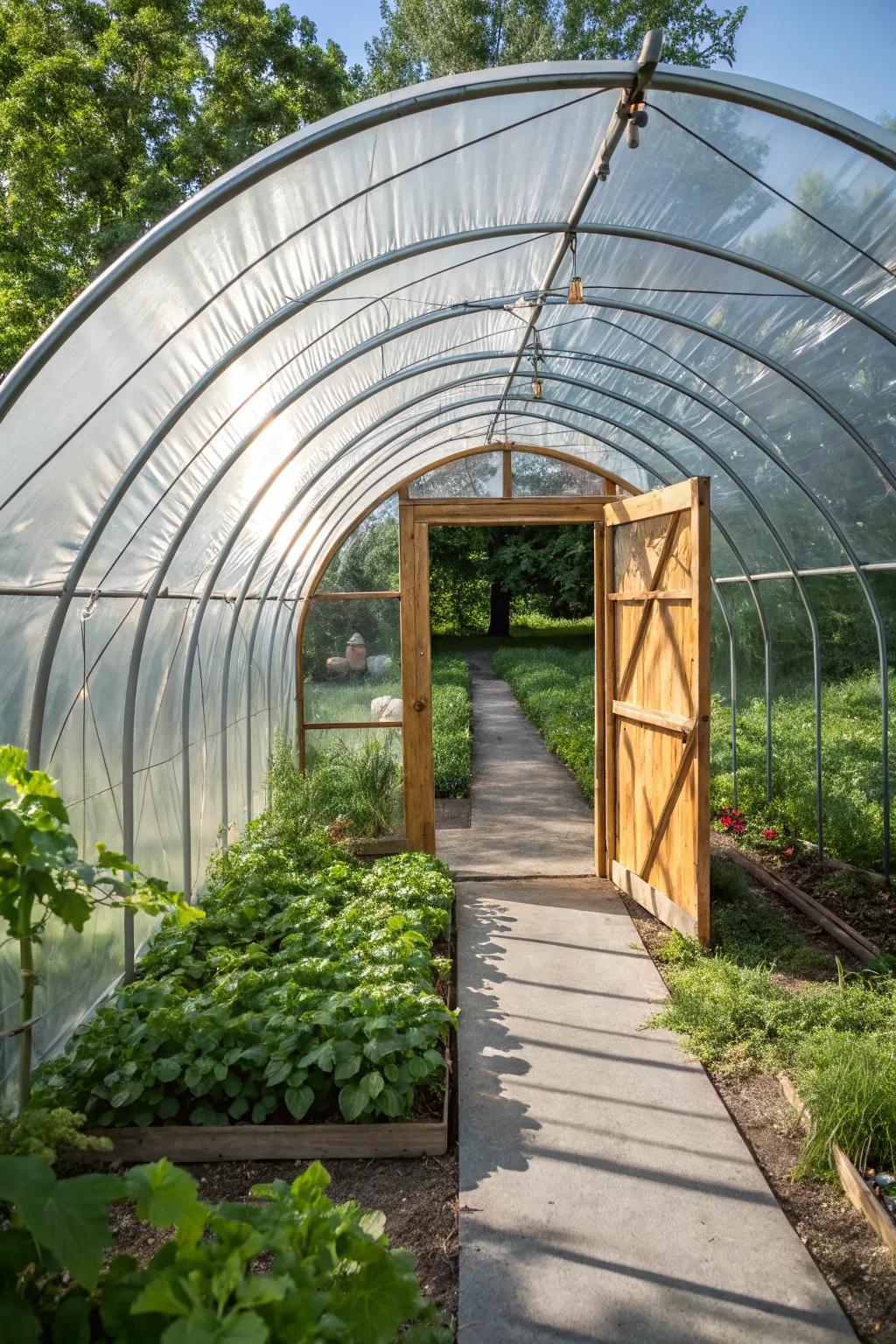 Step into your handcrafted oasis—where nature meets ingenuity in a walk-in hoop house.