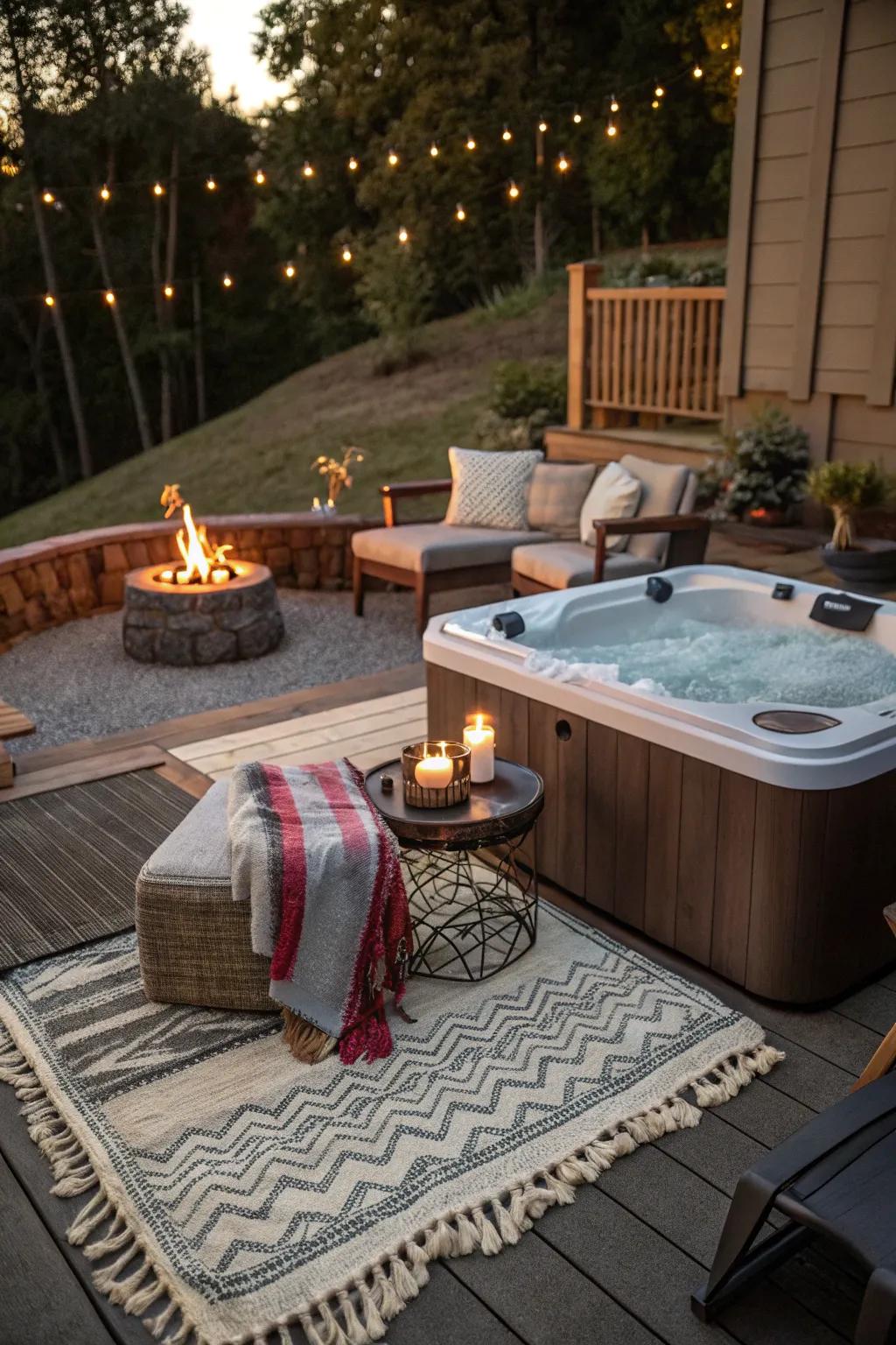 A fire pit adds warmth and charm to the hot tub area.