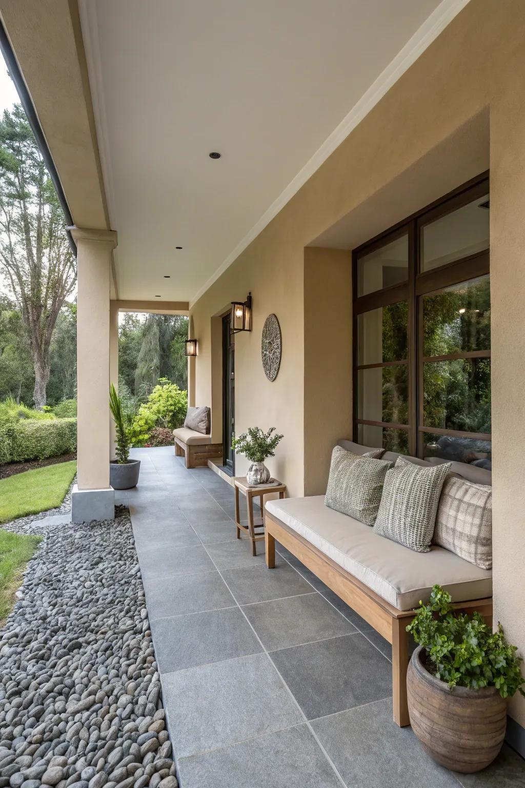 Neutral colors merge smoothly in this modern porch design.
