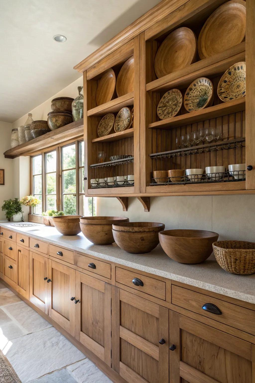 Wooden bowls provide texture and warmth above kitchen cabinets.