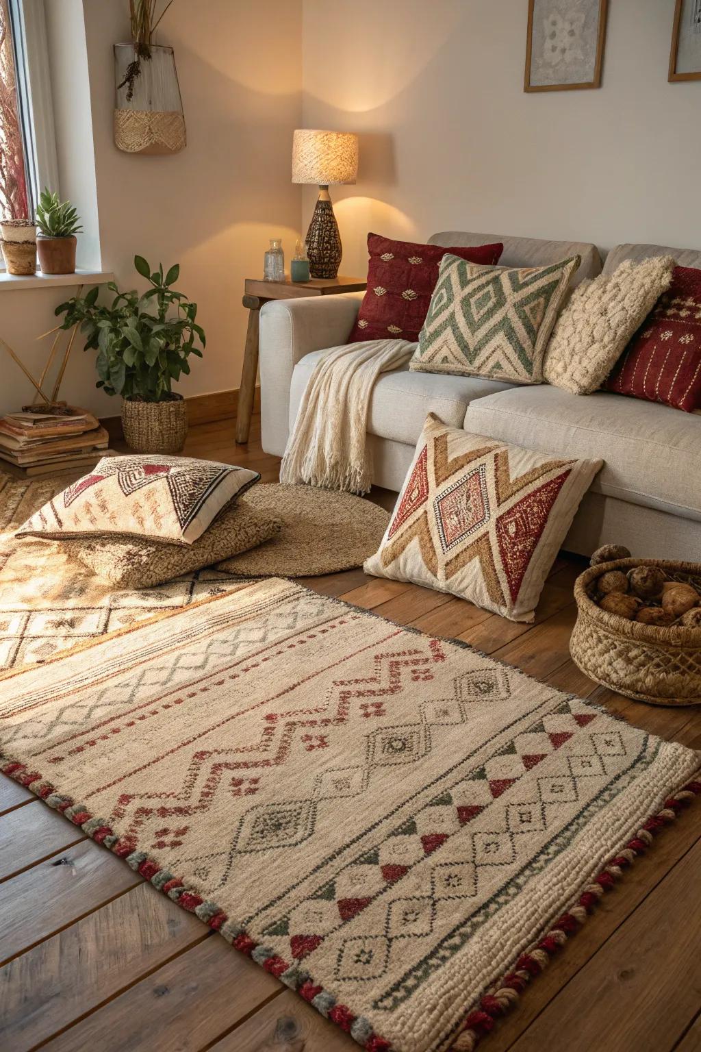 Layered textiles add depth and interest to the living room.