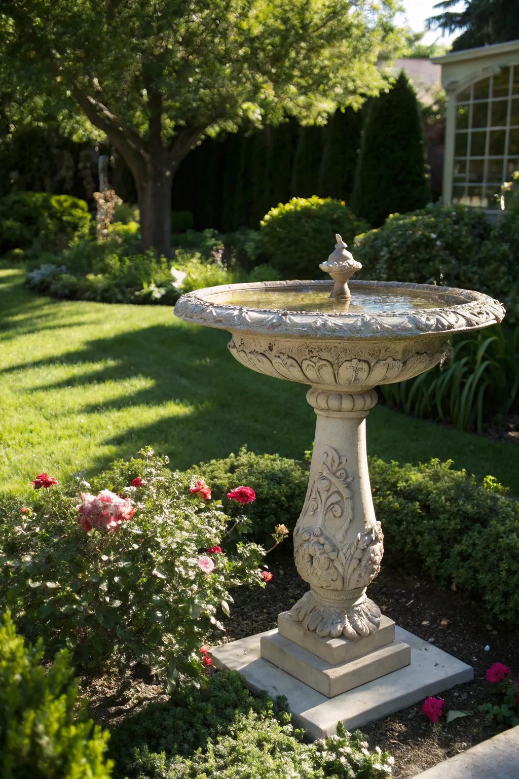 Enhance your front yard with a touch of artistry: a stunning stone birdbath that blends craftsmanship with nature.