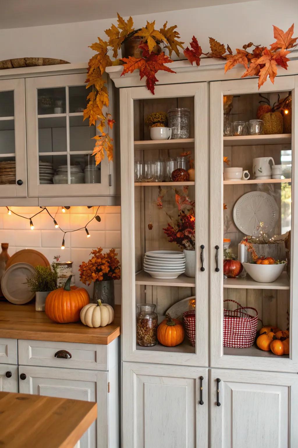 Seasonal items bringing a touch of autumn to the cabinets.
