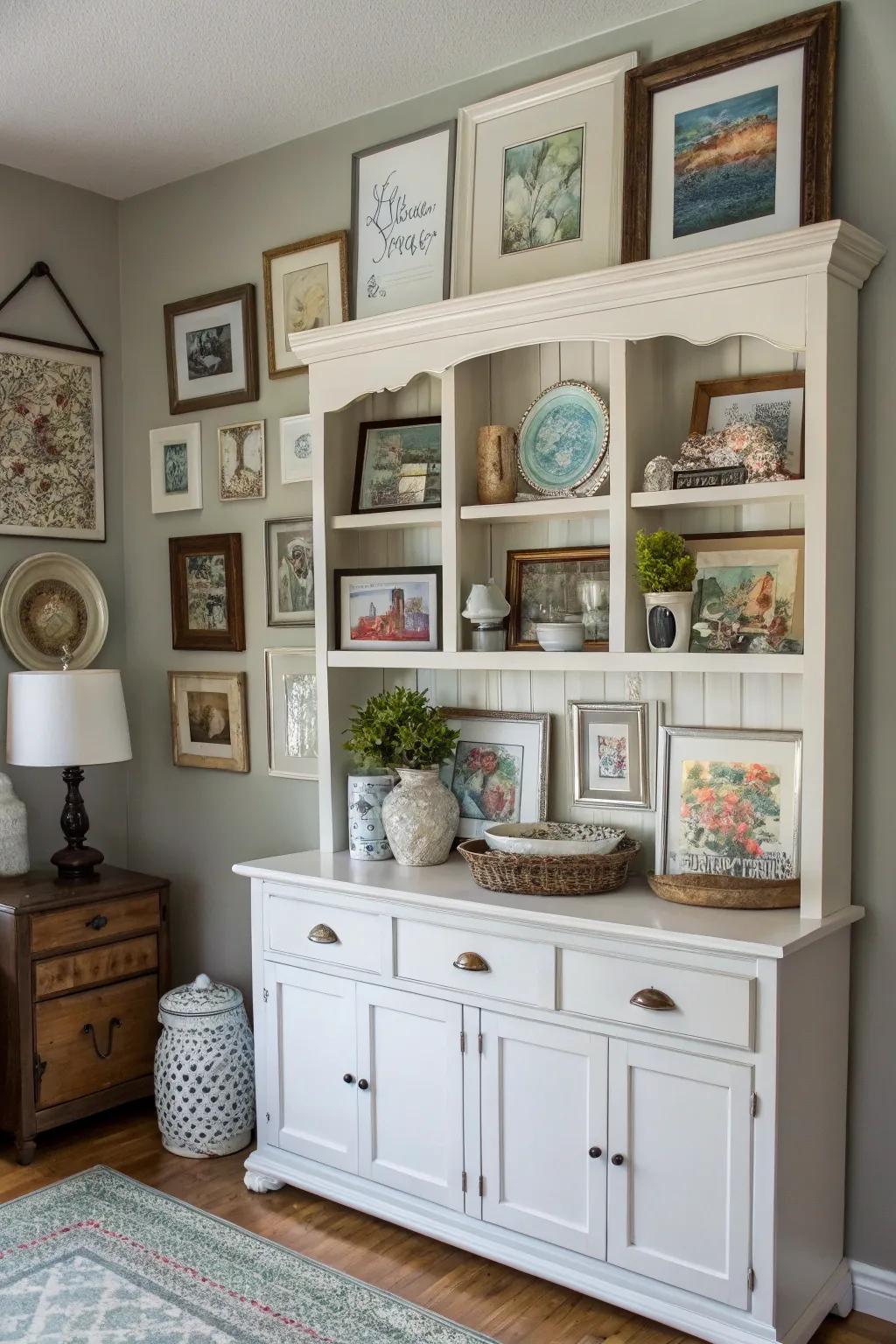 Transform a space with a gallery wall featuring a hutch top.