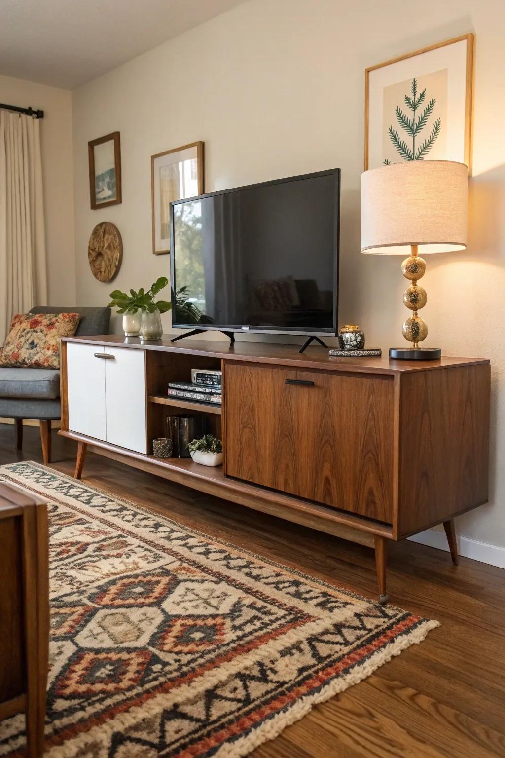 A mid-century modern credenza adds elegance and storage under your TV.