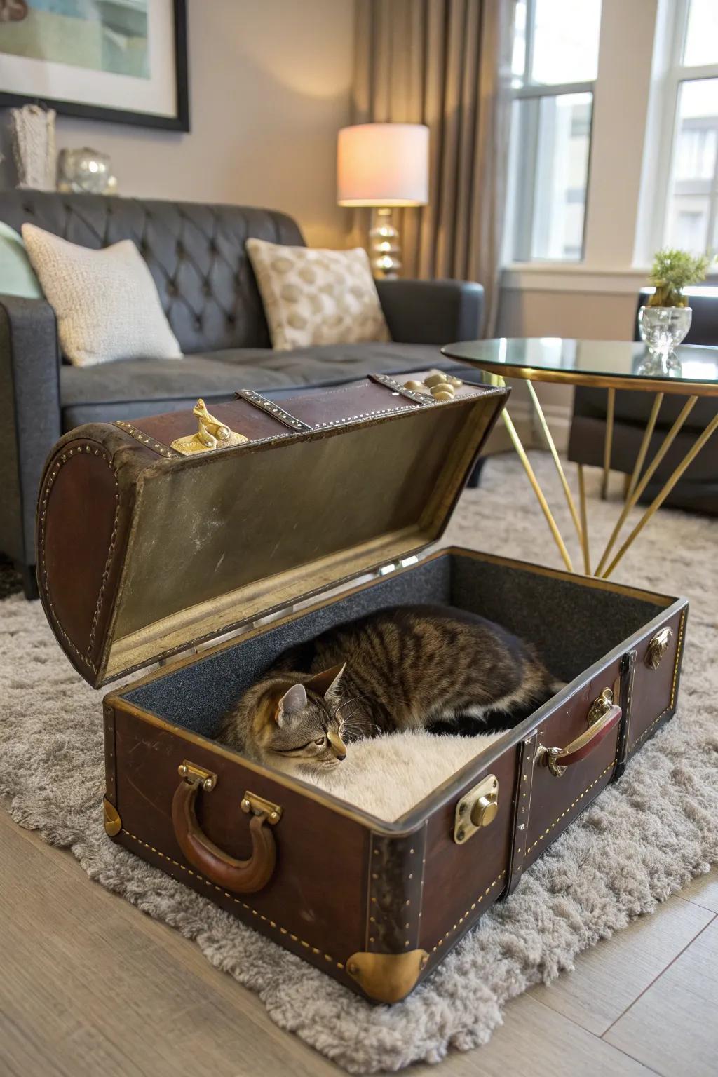 A vintage carrier transformed into a unique cat bed.