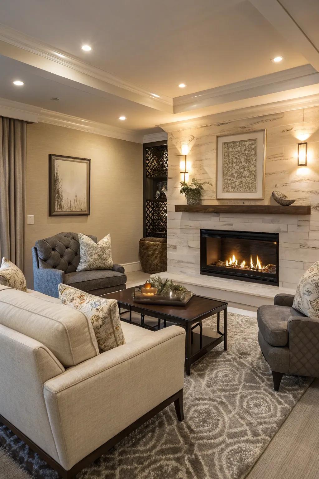A modern family room showcasing a propane fireplace, delivering simplicity and style.
