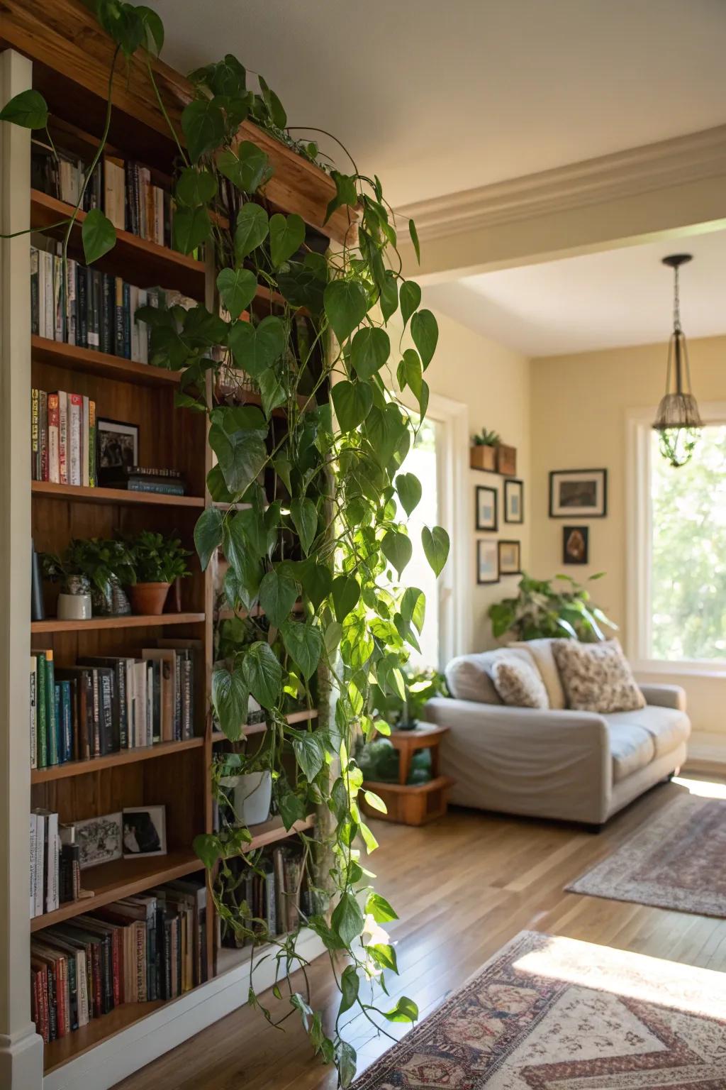 Add freshness to living rooms with trailing pothos.