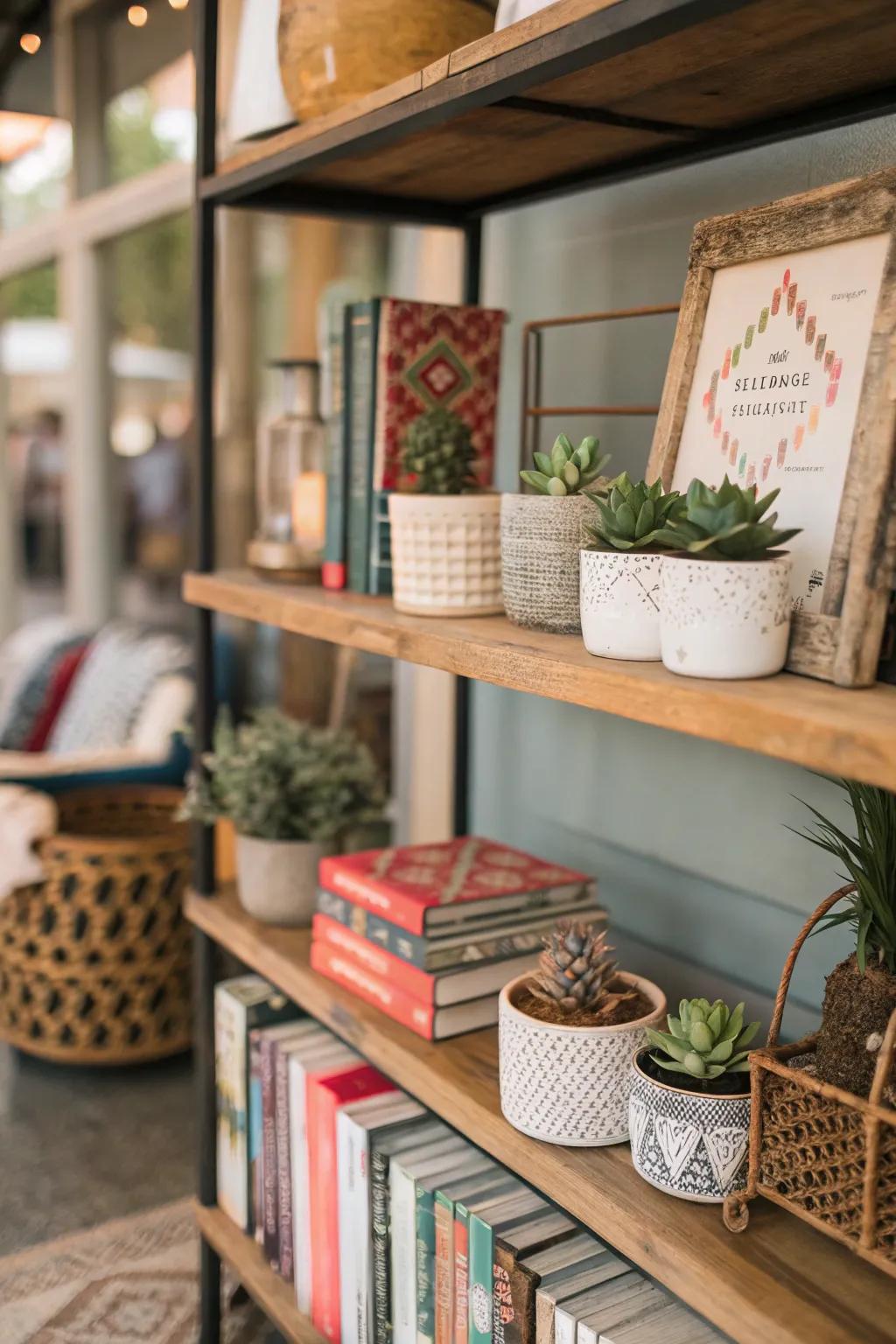 Introduce greenery to your bookshelf with charming succulents.