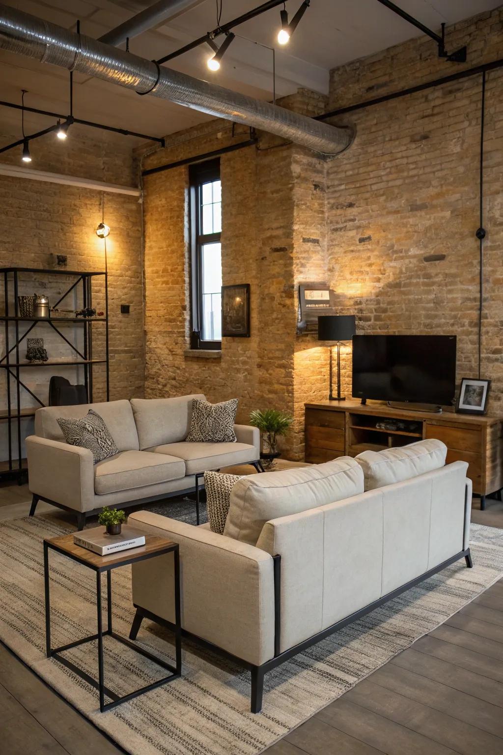 Minimalistic furniture enhances the industrial aesthetic.