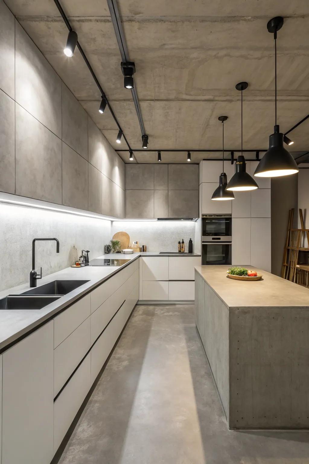 Hardened mud surfaces add an industrial touch to your kitchen design.