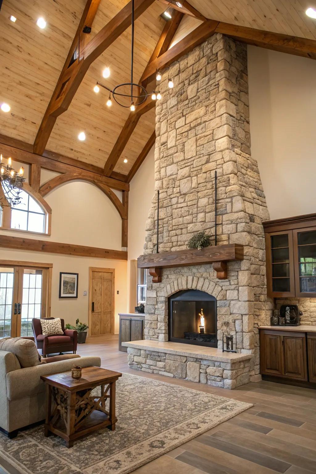 A stone fireplace adds warmth and acts as a stunning focal point.