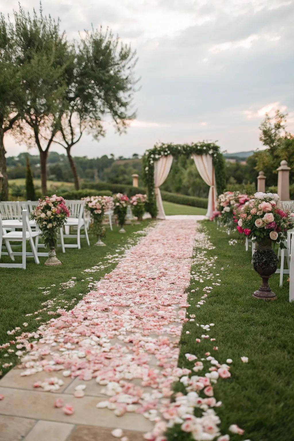 Flower petals and verdure border an enchanting wedding pathway.