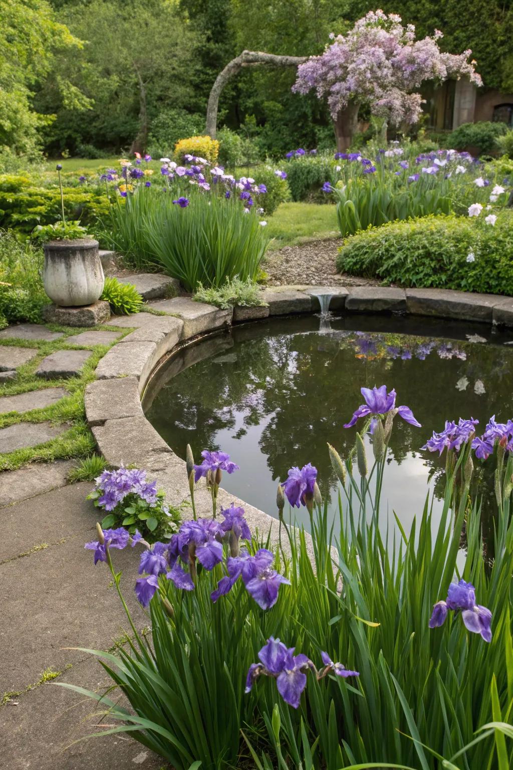 Irises enhancing a water feature, adding tranquility and beauty.