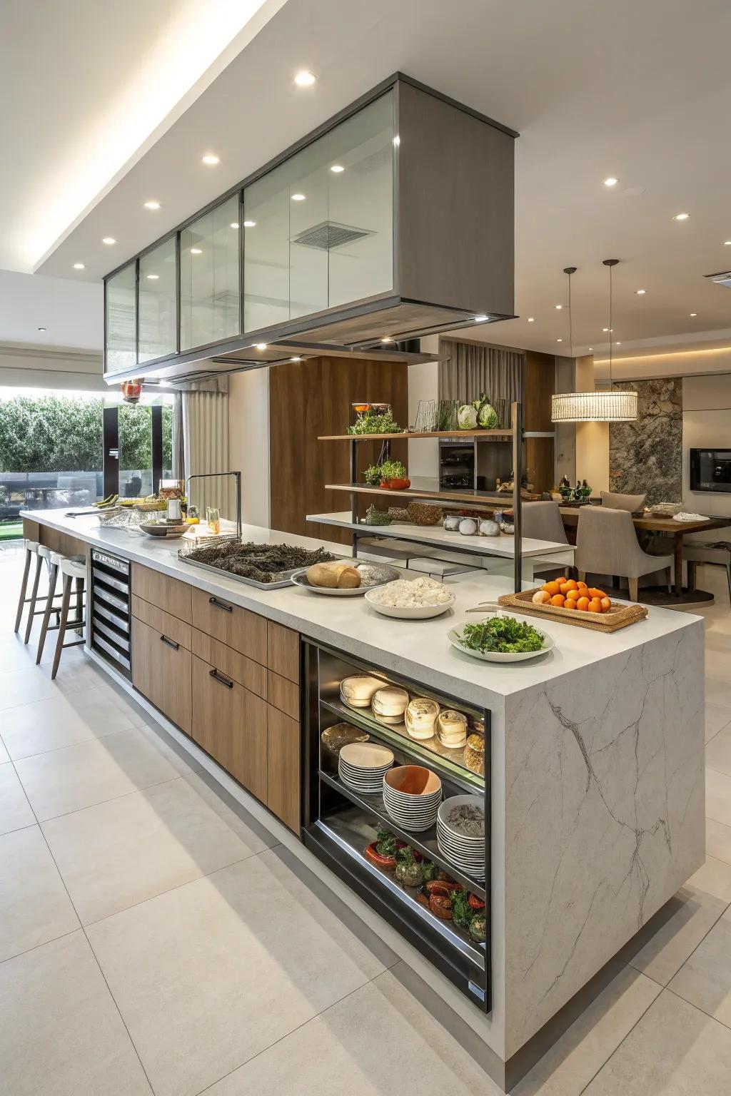 A tiered countertop elegantly segments your kitchen, enhancing both functionality and design.