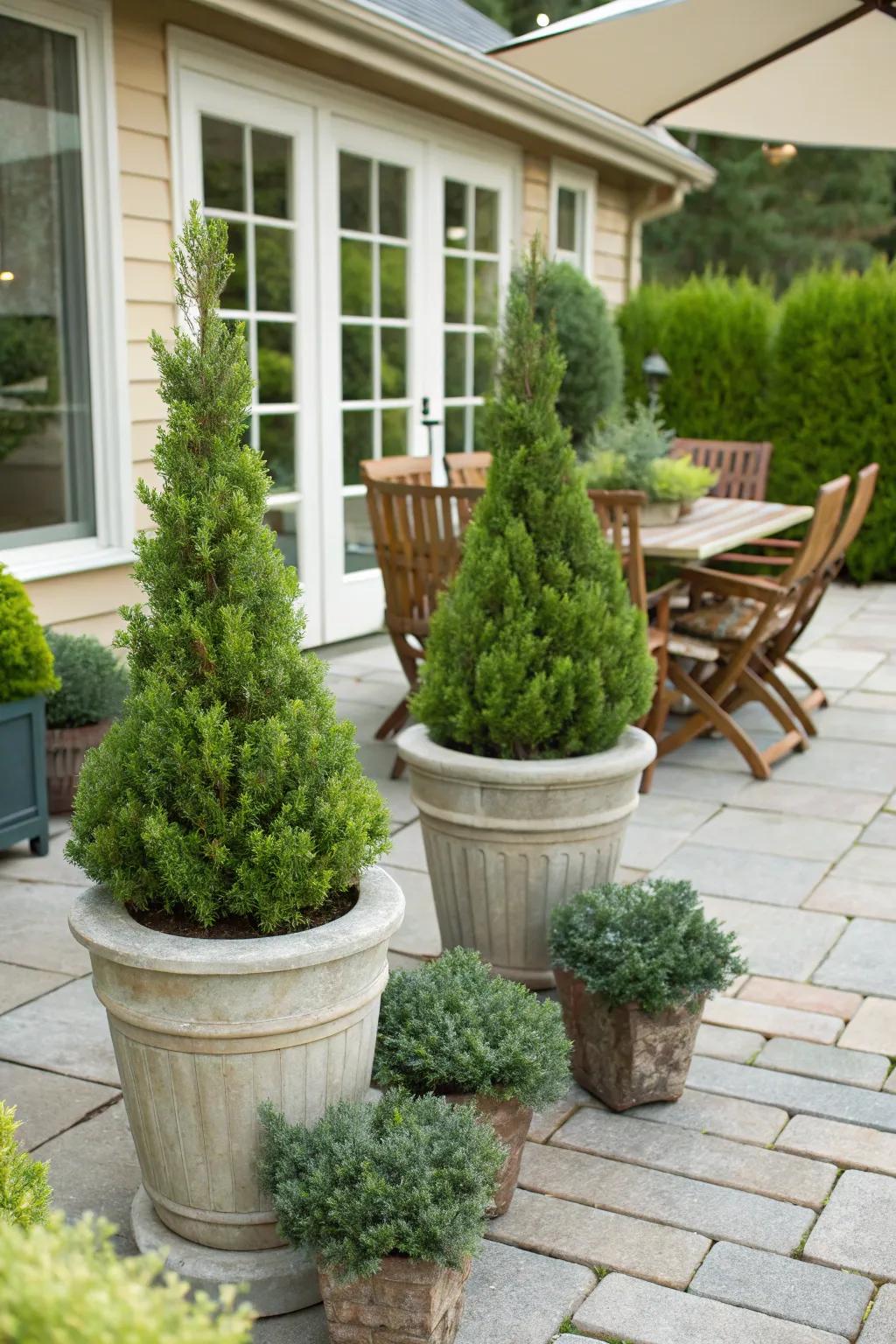 Junipers brighten up a patio in containers