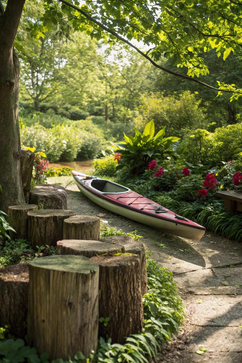 Kayak stored using natural supports.
