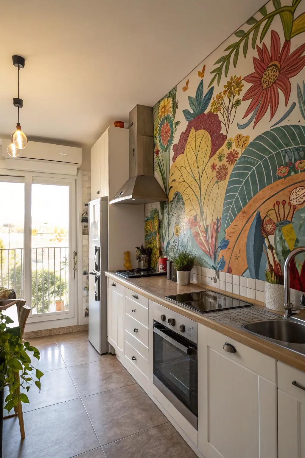 Kitchen with a vibrant mural accent wall.