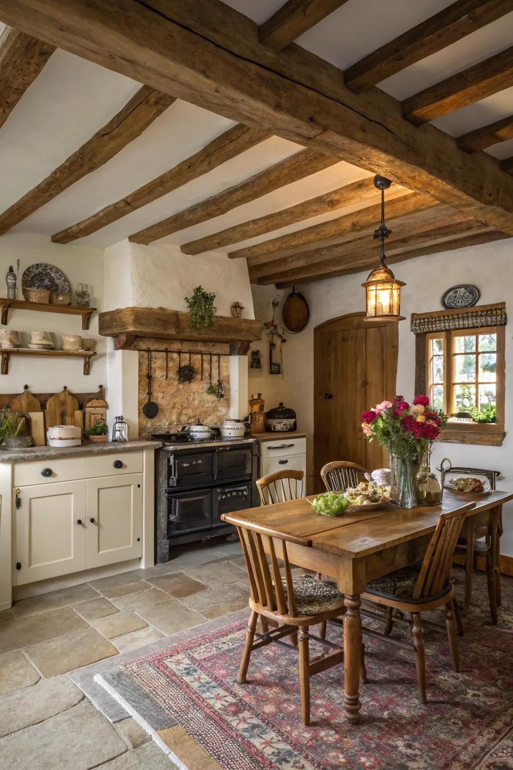 Wooden beams create an inviting, traditional kitchen atmosphere.