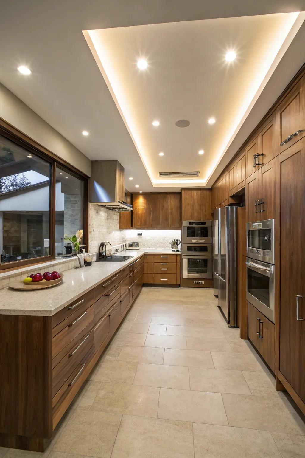 A bulkhead design that creates an illusion of higher ceilings in a kitchen.