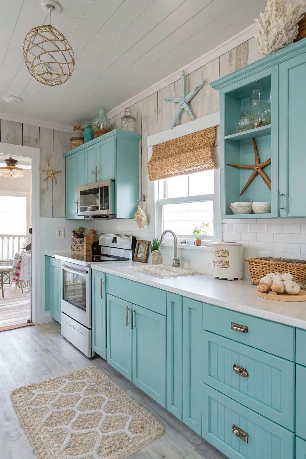 Azure blue cabinets evoke an invigorating coastal vibe.